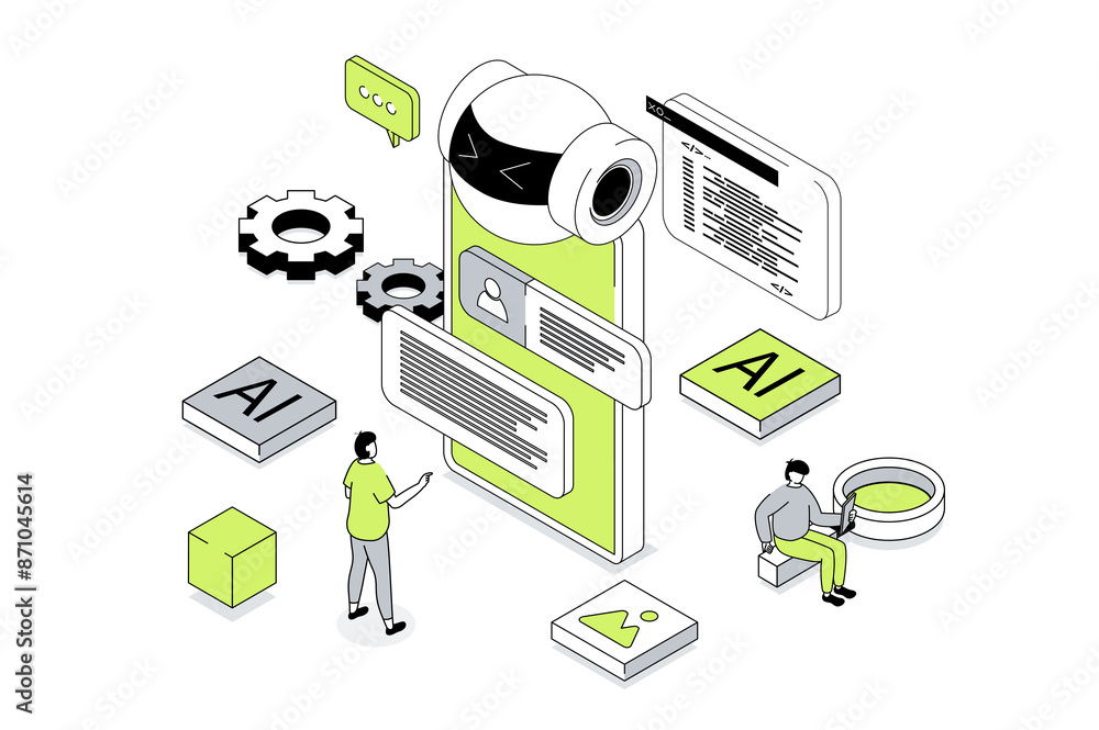 Poster Artificial intelligence 3d isometric concept in outline isometry design for web. People working and programming ai robots, creating chatbot, machine learning and cyber automation. Illustration.