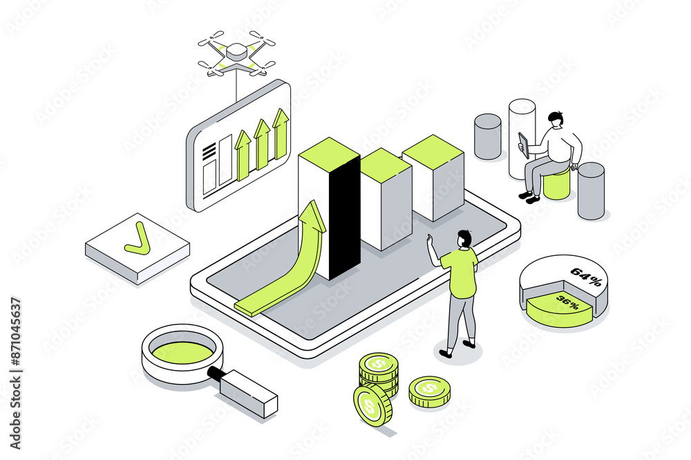 Poster business strategy 3d isometric concept in outline isometry design for web. people analyzing financia