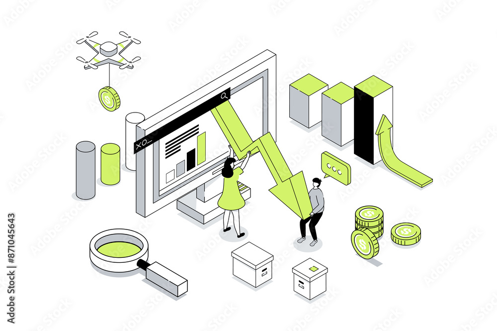 Fototapete crisis management 3d isometric concept in outline isometry design for web. people analyzing data wit