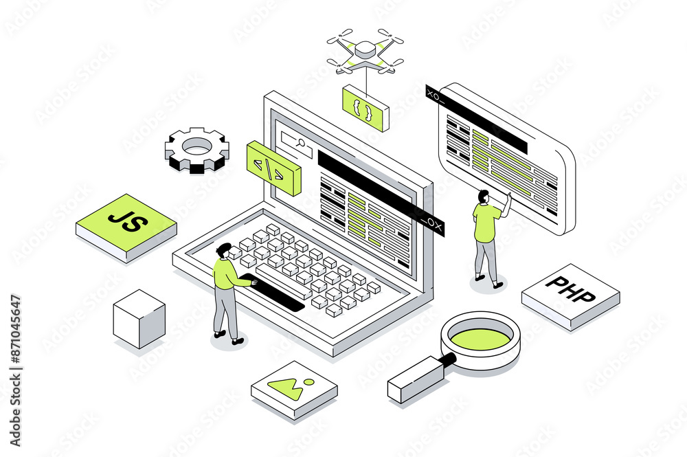 Aufkleber Website creating 3d isometric concept in outline isometry design for web. People creating UI UX interface and homepages at laptop screen, prototyping code and testing scripts. Illustration.