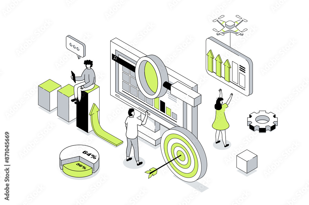 Poster Data analysis 3d isometric concept in outline isometry design for web. People analyzing graphs and business reports, working with financial diagrams, making target and strategy. Vector illustration.