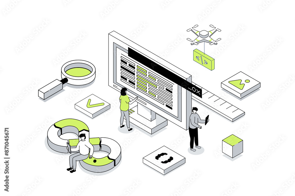 Aufkleber DevOps 3d isometric concept in outline isometry design for web. People communicating in team and collaborating in agile teamwork processes for programming products and support. Illustration.