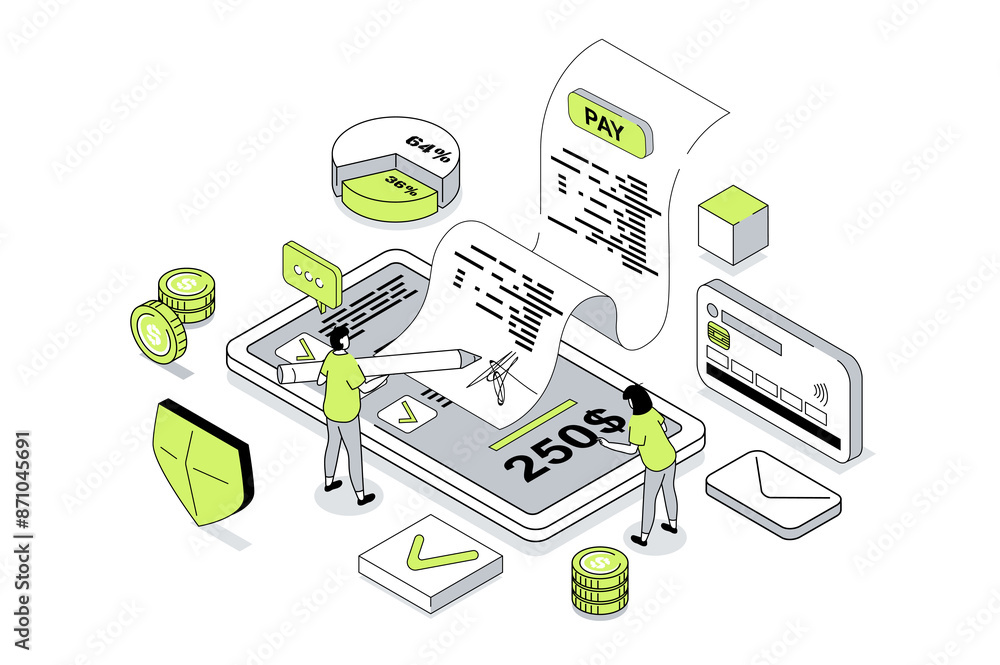 Aufkleber electronic receipt 3d isometric concept in outline isometry design for web. people receiving digital