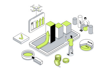 Business strategy 3d isometric concept in outline isometry design for web. People analyzing financial data, planning work tasks, achieving goals, developing success company. Illustration.