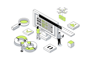 DevOps 3d isometric concept in outline isometry design for web. People communicating in team and collaborating in agile teamwork processes for programming products and support. Illustration.