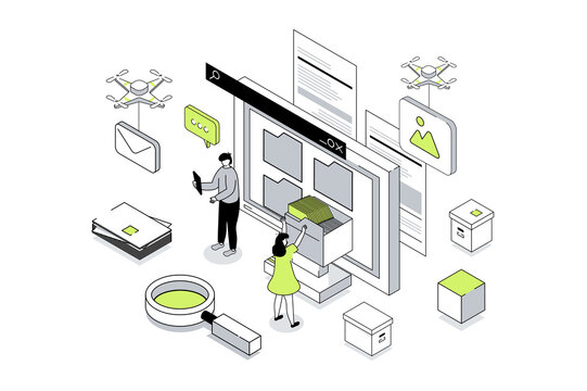 Electronic organization files 3d isometric concept in outline isometry design for web. People working with digital database at computer screen, organizing folders for storage. Illustration.