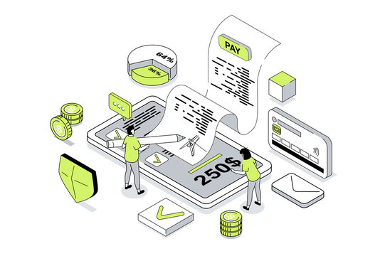 Electronic receipt 3d isometric concept in outline isometry design for web. People receiving digital form of invoice for checkout, paying bills online with credit card in app. Illustration.