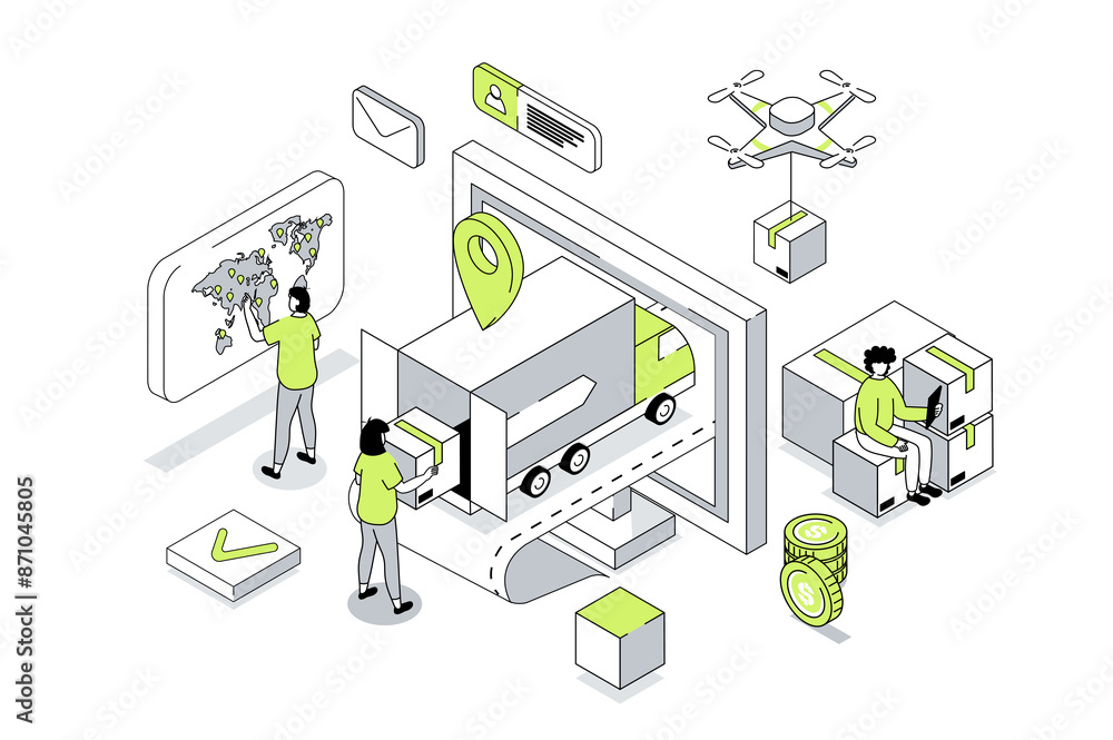 Poster worldwide delivery 3d isometric concept in outline isometry design for web. people using global logi