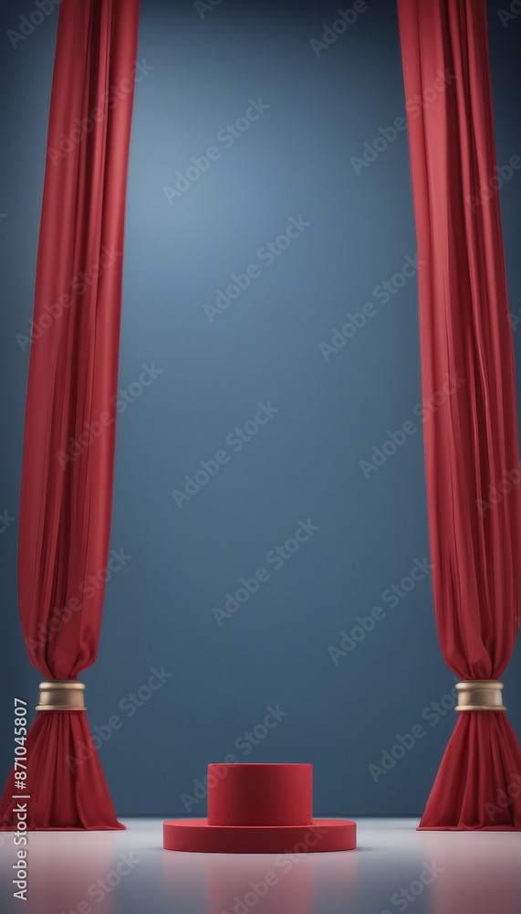 Poster 3d render of an empty showcase podium display for product presentation on a blue and red background