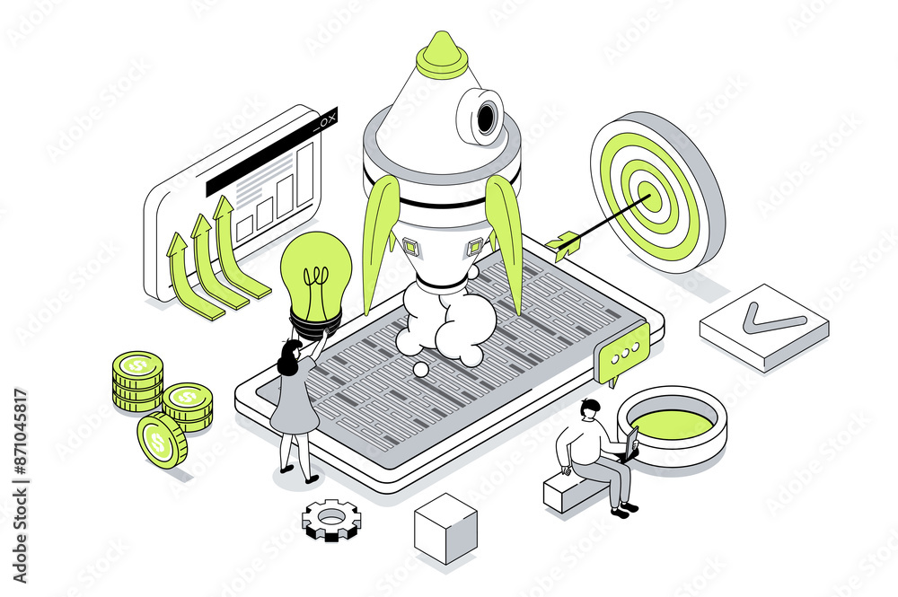 Poster Startup business 3d isometric concept in outline isometry design for web. People creating new project, planning work, attracting investment, realising entrepreneur ambitions. Illustration.