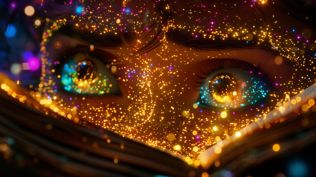 Zwei gro&szlig;e Augen schauen &uuml;ber den B&uuml;cherrand und erblicken die magisch tanzenden, bunten Lichter der Fantasie, Querformat