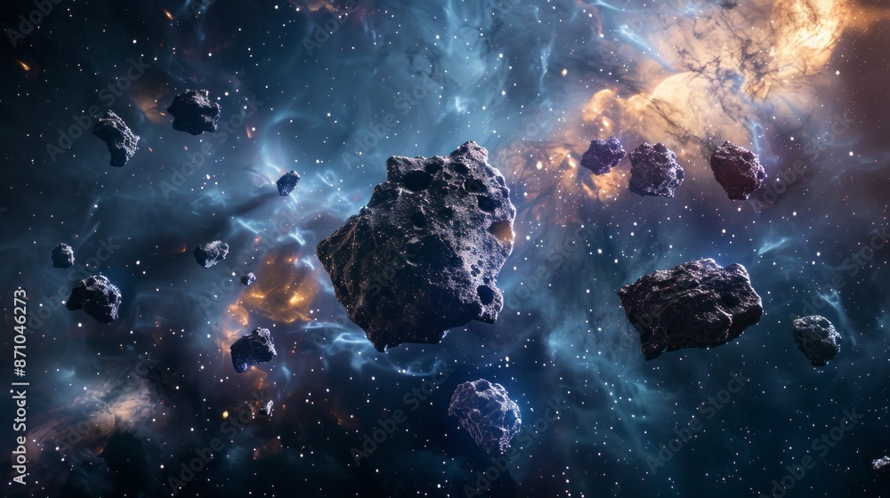 Poster an image depicting numerous asteroids traveling through a nebula in space