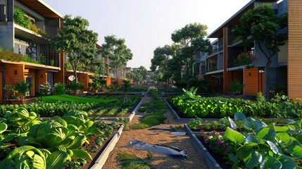 A sustainable urban development with rainwater harvesting systems, green alleys, and community vegetable gardens.