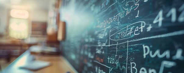 Close-up of a chalkboard in a classroom with mathematical equations and formulas, symbolizing education and learning environment.