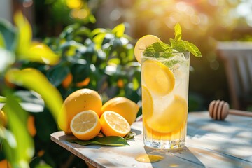 Fototapeta premium Refreshing glass of lemonade with fresh lemons and mint leaves on a sunny day, perfect for a summer drink setting.