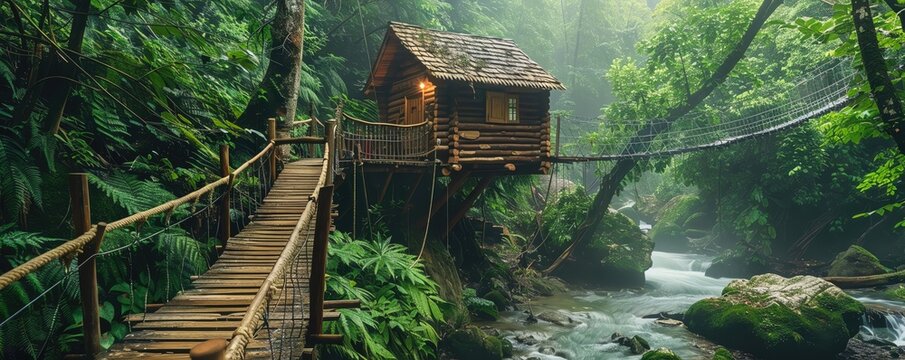 Rustic treehouse in a lush rainforest with a wooden bridge over a serene river, surrounded by dense greenery and mist.