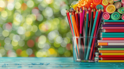 Ein Glas voller Stifte steht neben einem Stapel bunter Bücher auf einem Tisch im Freien, verschwommener Hintergrund daneben, Querformat