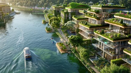 A sustainable waterfront development with green roofs on residential buildings and electric boats navigating a clean river.