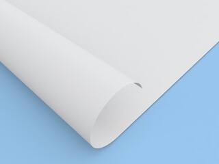 Rolled sheet of office paper on a blue background. 3d render illustration.