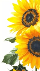 Fototapeta premium Close-up of two vibrant sunflowers with green leaves on white background