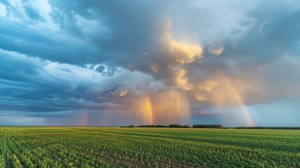 A beautiful photo of a double rainbow over a green field with storm clouds and bright sunshine highlighting the colors