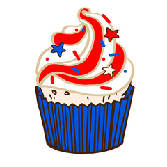 muffin colored in national colors of USA flag for decoration, posters, invitations, menus, banners. US Independence Day elements