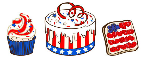 Fototapeta premium Cake, muffin, sandwich with strawberries and blueberries in the colors of the American flag. US Independence Day, 4th of July. vector illustration for posters, invitations, menus, banners, decorations
