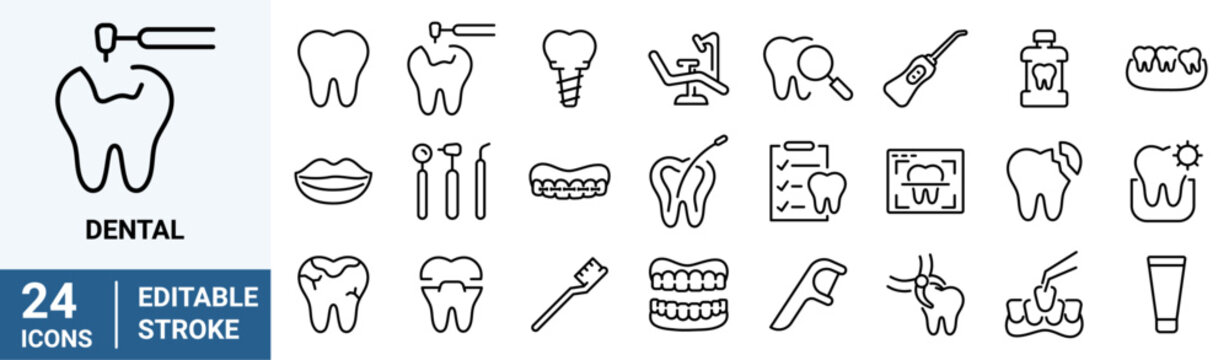 Set of 24 outline icons related to dental. Linear icon collection. Editable stroke. Vector illustration