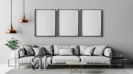 interior of a room with blank canvas, empty canvas with copy space, wall art, modern living room, minimalistic interior