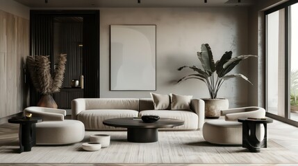 interior of a room with blank canvas, empty canvas with copy space, wall art, modern living room, minimalistic interior