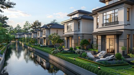 A Tranquil Evening in a Modern Canal-Side Villa Community. Generative AI