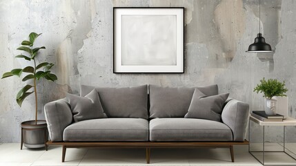 interior of a room with blank canvas, empty canvas with copy space, wall art, modern living room, minimalistic interior