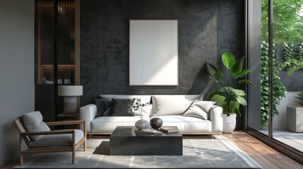 interior of a room with blank canvas, empty canvas with copy space, wall art, modern living room, minimalistic interior