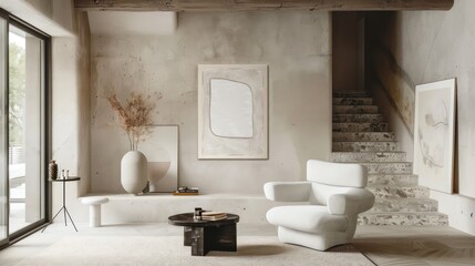 interior of a room with blank canvas, empty canvas with copy space, wall art, modern living room, minimalistic interior