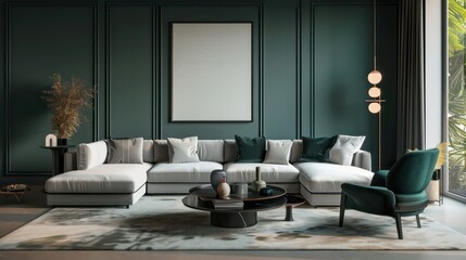 Obraz premium interior of a room with blank canvas, empty canvas with copy space, wall art, modern living room, minimalistic interior