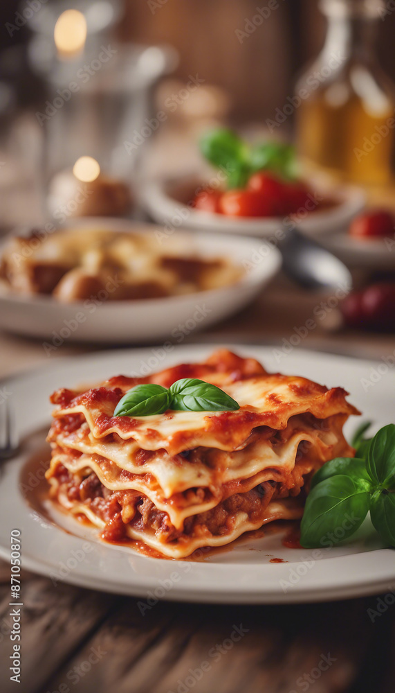 Wall mural delicious plate of beef lasagna on a wooden table