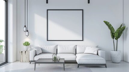 interior of a modern living room with blank canvas, empty canvas with copy space, wall art, minimalistic interior