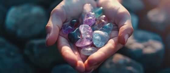 An innovative treatment method involving enchanted stones that, when placed on the body, release healing energies and act as powerful, supernatural drugs, with copy space high tech