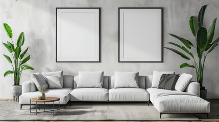 interior of a modern living room with blank canvas, empty canvas with copy space, wall art, minimalistic interior
