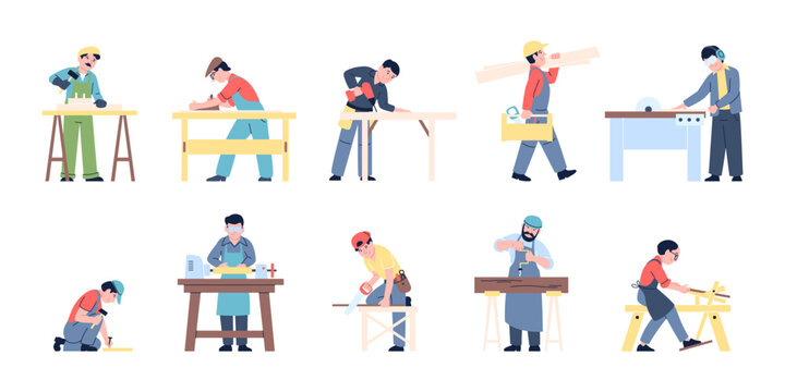 Flat carpenter characters. Men working in wooden industry. Cartoon joiners and carpenters at work. Craftsman in carpentry workshop recent vector set