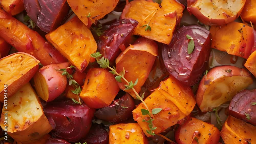 Poster a colorful array of roasted root vegetables including sweet potatoes carrots and beets drizzled with