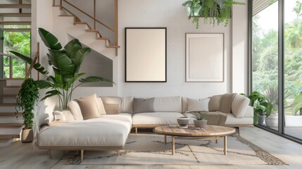 interior of a modern living room with blank canvas, empty canvas with copy space, wall art, minimalistic interior