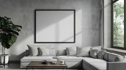 interior of a modern living room with blank canvas, empty canvas with copy space, wall art, minimalistic interior