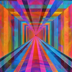 digital art piece featuring an optical illusion of geometric shapes and colors, creating the impression that they lead to infinite depth in all directions