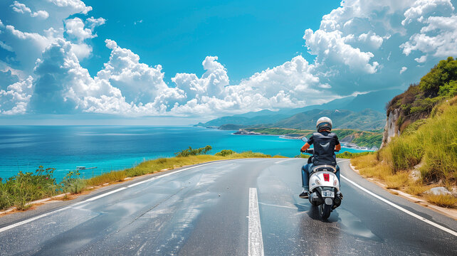 Man riding scooter on winding coastal road with sea view and dramatic clouds