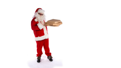 Santa Claus holds boxes of pizza. White background.