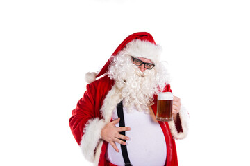 Vacations and holidays. Funny fat Santa Claus drinking beer and posing on a white background.