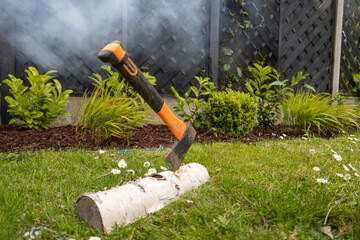 An ax stuck into a tree trunk and smoke from a bbq in the background