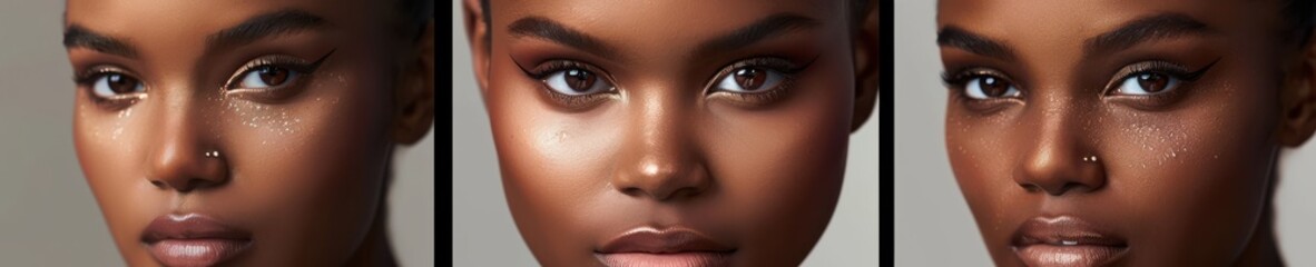 Obraz premium Close-up beauty shots of diverse women with glowing skin and freckles.