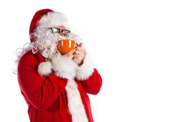 Santa Claus drinks hot coffee. White background.